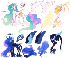 Size: 3627x2975 | Tagged: safe, artist:xenon, princess celestia, princess luna, alicorn, classical unicorn, pony, g4, alternate cutie mark, alternate design, cloven hooves, coat markings, colored hooves, ethereal mane, female, galaxy mane, glowing horn, high res, horn, leonine tail, magic, mare, redesign, royal sisters, simple background, underhoof, unshorn fetlocks, white background