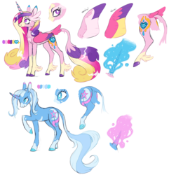 Size: 2504x2593 | Tagged: safe, artist:xenon, princess cadance, trixie, alicorn, classical unicorn, pony, unicorn, g4, alternate cutie mark, alternate design, cloven hooves, coat markings, duo, feathered fetlocks, female, high res, horn, leonine tail, mare, redesign, simple background, smiling, socks (coat markings), tail feathers, underhoof, unshorn fetlocks, white background