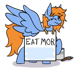 Size: 1171x1070 | Tagged: safe, artist:snickerdoodle-mod, oc, oc only, oc:quick trip, chick-fil-a, exploitable, female, one eye closed, sign, simple background, solo, spread wings, this will end in weight gain, tongue out, white background, wings, wink