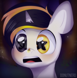 Size: 1928x1933 | Tagged: safe, artist:donutnerd, oc, oc only, oc:trogler, firefly (insect), insect, pony, unicorn, blushing, forest, gasp, gasping, glowing, heterochromia, night, open mouth, scared, sky, solo, starry eyes, stars, surprised, tree, white, wingding eyes