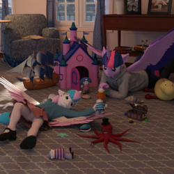 Size: 1750x1750 | Tagged: safe, artist:tahublade7, princess flurry heart, twilight sparkle, alicorn, octopus, starfish, anthro, plantigrade anthro, g4, 3d, auntie twilight, book, castle, chest, clothes, cute, daz studio, female, filly, flurrybetes, hoodie, mare, mary janes, older, panties, pantyhose, shell, ship, shoes, skirt, skirt lift, tights, twiabetes, twilight sparkle (alicorn), underwear, upskirt