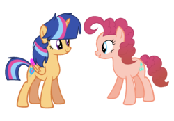Size: 1192x832 | Tagged: dead source, safe, artist:rainbows-skies, oc, oc only, oc:candy pie, oc:magic shield, alicorn, earth pony, pony, g4, duo, female, mare, next generation, offspring, parent:cheese sandwich, parent:flash sentry, parent:pinkie pie, parent:twilight sparkle, parents:cheesepie, parents:flashlight, simple background, transparent background