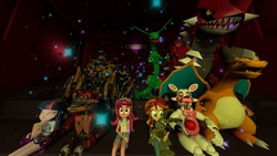 Size: 1920x1080 | Tagged: safe, artist:pokekid333, gloriosa daisy, sunset shimmer, twilight sparkle, charizard, groudon, rayquaza, equestria girls, g4, 3d, apple, bayformers, bumblebee (transformers), crossover, five nights at freddy's, five nights at freddy's 2, five nights at freddy's 4, food, hot dog, mangle, meat, movie, nightmare foxy, plushtrap, pokémon, popcorn, sausage, source filmmaker, theater, transformers