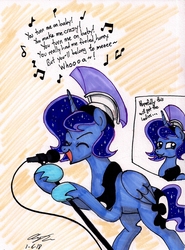 Size: 1374x1861 | Tagged: safe, artist:newyorkx3, princess luna, alicorn, pony, g4, artemabetes, cute, dialogue, eyes closed, male, microphone, prince artemis, rule 63, rule63betes, singing, smiling, solo, stallion, traditional art