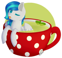 Size: 1664x1548 | Tagged: safe, artist:minetane, oc, oc only, oc:gusty gale, pegasus, pony, commission, cup, cup of pony, micro, one eye closed, simple background, solo, teacup, tongue out, transparent background, wink, ych result
