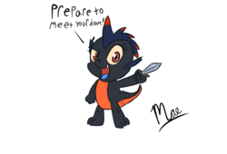 Size: 3751x2551 | Tagged: safe, artist:chiptunebrony, dragon, baby, baby dragon, butt tattoo, cute, dialogue, dragonified, female, high res, knife, mae borowski, night in the woods, open mouth, red eyes, simple background, smiling, smirk, solo, species swap, tattoo, weapon, white background, yellow sclera, zero