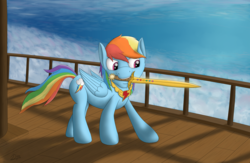 Size: 3200x2080 | Tagged: safe, artist:davinciwolf, rainbow dash, pegasus, pony, fanfic:austraeoh, g4, element of loyalty, fanfic, fanfic art, female, high res, mare, sky, solo, sword, sword in mouth, weapon
