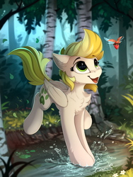 Size: 1800x2399 | Tagged: safe, artist:yakovlev-vad, oc, oc only, oc:dandelion blossom, beetle, insect, pegasus, pony, berry, birch tree, chest fluff, eyebrows, female, folded wings, food, forest, looking at something, looking up, mare, nature, open mouth, open smile, outdoors, pegasus oc, river, running, scenery, slender, smiling, solo, strawberry, stream, thin, tree, water, wings