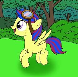 Size: 768x758 | Tagged: safe, artist:linedraweer, oc, oc only, oc:sky chaser, commission, flying lesson, foal, forest, goggles, solo