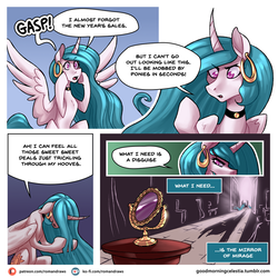 Size: 1024x1024 | Tagged: safe, artist:romanrazor, princess celestia, alicorn, pony, good morning celestia, g4, blue-mane celestia, choker, chokerlestia, comic, curved horn, dialogue, door, ear piercing, earring, female, gasp, horn, jewelry, mare, mirror, patreon, patreon logo, piercing, shadow, solo, speech bubble, table