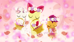 Size: 1600x900 | Tagged: safe, artist:90sigma, artist:sailortrekkie92, edit, edited screencap, screencap, apple bloom, scootaloo, sweetie belle, earth pony, pony, a canterlot wedding, g4, adorabloom, basket, clothes, cute, cutealoo, cutie mark crusaders, diasweetes, dress, eyes closed, flower filly, flower girl, flower girl dress, heart, marriage, mouth hold, petals, vector, wallpaper, wallpaper edit, wedding