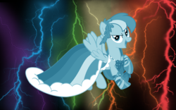 Size: 2999x1875 | Tagged: safe, artist:l13000, artist:philiptomkins, edit, rainbow dash, pegasus, pony, g4, clothes, dress, female, gala dress, lightning, mare, shoes, solo, vector, wallpaper, wallpaper edit