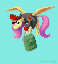 Size: 900x990 | Tagged: safe, artist:adeptus-monitus, fluttershy, pegasus, pony, g4, >:3, blue background, carrying, clothes, commissar, container, crossover, cyrillic, female, floppy ears, flying, food, food container, hat, hoof hold, looking at you, looking sideways, military uniform, peaked cap, ration, russian, simple background, solo, spread wings, tea, translated in the description, uniform, warhammer (game), warhammer 40k, wings