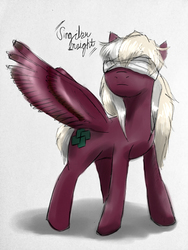 Size: 720x960 | Tagged: safe, artist:parody-of-eve, derpibooru exclusive, oc, oc only, oc:singular insight, pegasus, pony, bandage, blindfold, female, full body, mare, solo, spread wings, wings