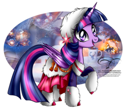 Size: 1300x1116 | Tagged: safe, artist:tiffanymarsou, twilight sparkle, alicorn, pony, g4, abstract background, blue mane, blue tail, boots, cinnamon, cinnamon sticks, clothes, cutie mark, eyelashes, female, folded wings, fur, happy, horn, long mane, long tail, mare, mug, multicolored mane, multicolored tail, open mouth, pink mane, pink tail, purple mane, purple tail, raised hoof, shoes, smiling, solo, standing, tail, twilight sparkle (alicorn), wings, winter