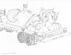 Size: 1280x990 | Tagged: safe, artist:thedigodragon, oc, oc only, oc:partial charge, oc:rose croix, pony, unicorn, heart, macro, monochrome, traditional art, truck