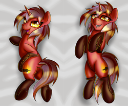 Size: 3400x2800 | Tagged: safe, artist:elmutanto, oc, oc only, oc:cherry wine, pony, unicorn, fallout equestria, bedroom eyes, body pillow, body pillow design, boots, brushy brushy, brushy hair, bushy tail, clothes, double, female, high res, hug, inviting, lying down, mare, on back, on side, pillow, pillow hug, red fur, shoes, socks