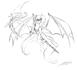 Size: 3300x3000 | Tagged: safe, artist:skitsroom, princess luna, g4, bat wings, female, high res, lineart, monochrome, sketch, solo, spear, weapon