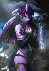 Size: 4320x6320 | Tagged: safe, artist:princeoracle, twilight sparkle, alicorn, anthro, g4, 3d, absurd resolution, bare shoulders, breasts, clothes, crepuscular rays, crossed arms, dress, featured image, female, floppy ears, fluffy, gloves, glowing horn, horn, leg fluff, lidded eyes, long gloves, looking at you, magic, magic aura, mare, paintover, regalia, sexy, shoulder fluff, shy, signature, solo, source filmmaker, twilight sparkle (alicorn), wing fluff