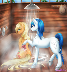 Size: 1024x1104 | Tagged: safe, artist:bunnywhiskerz, applejack, oc, oc:constance everheart, earth pony, pony, g4, bathing, blushing, canon x oc, commission, everjack, female, hat, looking back, loose hair, male, mare, shipping, shower, sitting, stallion, straight, unshorn fetlocks, wet mane, wet tail