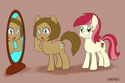 Size: 1000x667 | Tagged: safe, artist:empyu, doctor whooves, roseluck, time turner, earth pony, pony, g4, 30 minute art challenge, cute, doctor who, duo, female, grin, looking at mirror, mare, mirror, open mouth, rule 63, shocked, smiling, the doctoress