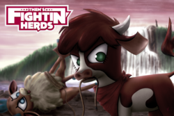 Size: 1280x853 | Tagged: safe, artist:everypone, arizona (tfh), velvet (tfh), cow, deer, reindeer, them's fightin' herds, community related, lasso, logo, open mouth, rope, tongue out