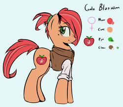 Size: 1024x893 | Tagged: safe, artist:justingreeneart, oc, oc only, oc:gala blossom, earth pony, pony, apple, clothes, cutie mark, female, food, freckles, green eyes, mare, orange coat, ponytail, red mane, smiling, solo