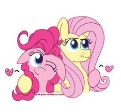 Size: 1000x923 | Tagged: safe, artist:pink-pone, fluttershy, pinkie pie, pony, g4, female, floppy ears, heart, lesbian, ship:flutterpie, shipping, simple background, white background