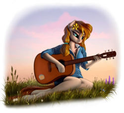Size: 2904x2664 | Tagged: safe, artist:lightly-san, pear butter, earth pony, anthro, unguligrade anthro, g4, female, flower, flower in hair, grass, guitar, high res, simple background, sitting, solo, transparent background