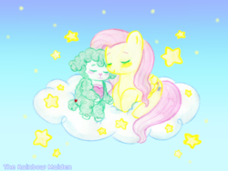 Size: 1024x768 | Tagged: safe, artist:therainbowmaiden, fluttershy, pegasus, pony, g4, care bear cousins, care bears, cloud, crossover, cute, duo, eyes closed, folded wings, gentle heart, gentle heart lamb, on a cloud, prone, sitting, smiling