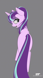 Size: 1000x1800 | Tagged: safe, artist:styroponyworks, starlight glimmer, pony, unicorn, g4, butt, covering, female, gray background, looking back, mare, plot, rear view, s5 starlight, simple background, solo, tail covering, wip