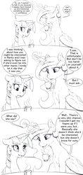 Size: 2640x5610 | Tagged: safe, artist:silfoe, princess celestia, twilight sparkle, alicorn, pony, royal sketchbook, g4, black and white, blushing, comic, dialogue, duo, female, food, glowing horn, grayscale, horn, implied rarilestia, magic, mare, monochrome, simple background, speech bubble, tea, telekinesis, twilight sparkle (alicorn), white background