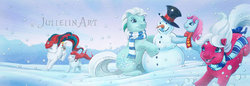 Size: 1280x442 | Tagged: safe, artist:jullelin, baby cuddles, baby stockings, ice crystal, merry treat, snowflake (g1), g1, clothes, scarf, snow, snowman