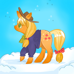 Size: 2048x2048 | Tagged: safe, artist:dappledapple, applejack, earth pony, pony, g4, bow, clothes, coat, cowboy hat, female, hat, high res, mare, scarf, snow, snowfall, solo, tail bow, unshorn fetlocks, wingding eyes
