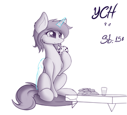 Size: 1500x1355 | Tagged: safe, artist:d-sixzey, pony, advertisement, commission, commission info, cookie, eating, female, food, monochrome, sitting, solo, your character here
