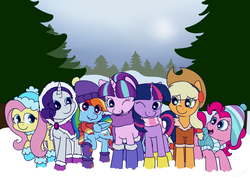 Size: 2900x2100 | Tagged: safe, artist:rivibaes, applejack, fluttershy, pinkie pie, rainbow dash, rarity, starlight glimmer, twilight sparkle, g4, bundled up, clothes, eye clipping through hair, high res, mane six, snow, winter, winter outfit