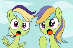 Size: 1214x800 | Tagged: safe, artist:emositecc, oc, oc only, oc:apple thunder, oc:zapple bloom, pony, female, mare, open mouth, twins