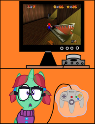 Size: 990x1283 | Tagged: safe, artist:ianpony98, edit, oc, oc only, oc:straight a's, big boo's haunt, clothes, controller, glasses, mad piano, musical instrument, nintendo, nintendo 64, orange background, parent:oc:ian, piano, pigtails, simple background, super mario 64, super mario bros., sweater