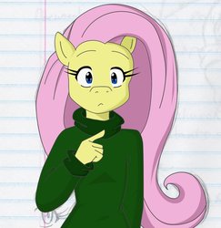 Size: 880x907 | Tagged: safe, artist:navysheyma, fluttershy, anthro, g4, clothes, eyelashes, female, lined paper, looking at you, pointing, solo, surprised, sweater, sweatershy, wrong eye color