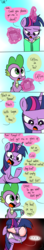 Size: 500x2814 | Tagged: safe, artist:emositecc, spike, twilight sparkle, dragon, pony, g4, annoyed, book, comic, imminent spikeabuse, magic, mug, telekinesis, the or saga, this will end in pain