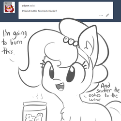 Size: 3000x3000 | Tagged: safe, artist:tjpones, oc, oc only, oc:brownie bun, earth pony, pony, horse wife, ask, cheese, chest fluff, dialogue, ear fluff, female, food, grayscale, high res, mare, monochrome, peanut butter, simple background, solo, tumblr, white background