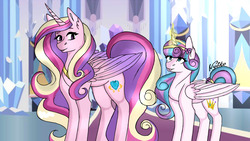 Size: 2560x1440 | Tagged: safe, artist:nyokoart, princess cadance, princess flurry heart, alicorn, pony, g4, crystal castle, duo, female, glowing horn, horn, mare, mother and daughter, older, older flurry heart, teenager