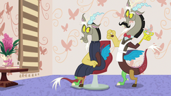 Size: 1280x720 | Tagged: safe, screencap, discord, discordant harmony, g4, apron, barber, clothes, facial hair, moustache, self paradox