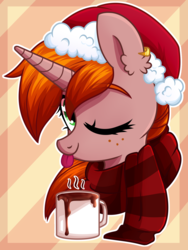 Size: 2808x3736 | Tagged: safe, artist:astralblues, oc, oc only, oc:debra rose, pony, unicorn, blinking, bust, chocolate, christmas, clothes, ear piercing, earring, food, freckles, hat, high res, holiday, horn, hot chocolate, jewelry, one eye closed, piercing, santa hat, scarf, simple background, solo, tongue out, wink