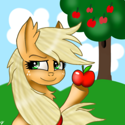 Size: 768x768 | Tagged: safe, artist:galaxy swirl, applejack, earth pony, pony, g4, apple, apple tree, female, food, freckles, fruit, hoof hold, mare, solo, tree, underhoof