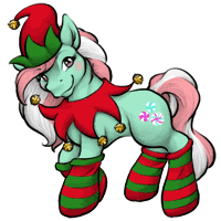 Size: 200x200 | Tagged: source needed, safe, artist:clemikou, minty, earth pony, pony, g3, blushing, clothes, female, gif, hat, jingle bells, looking at you, non-animated gif, picture for breezies, simple background, socks, solo, striped socks, white background