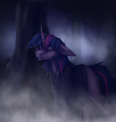 Size: 908x961 | Tagged: safe, artist:wwalexcornerww, twilight sparkle, pony, unicorn, g4, clothes, crossover, darkness, female, fog, forest, glasses, harry potter (series), horn, night, solo, uniform