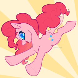 Size: 2000x2000 | Tagged: safe, artist:gekkotaart, pinkie pie, earth pony, pony, g4, female, high res, looking at you, open mouth, smiling, solo, sunburst background