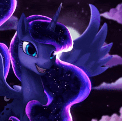 Size: 640x636 | Tagged: safe, artist:equum_amici, artist:starblaze25, princess luna, alicorn, pony, g4, absurd file size, absurd gif size, animated, blinking, cinemagraph, cloud, cute, female, gif, grin, lidded eyes, looking at you, lunabetes, mare, moon, night, open mouth, sky, smiling, solo, spread wings, stars, wings