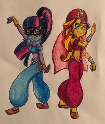 Size: 2342x2764 | Tagged: safe, artist:bozzerkazooers, sci-twi, sunset shimmer, twilight sparkle, equestria girls, g4, bedroom eyes, belly button, belly dancer, belly dancer outfit, bracelet, clothes, cutie mark on clothes, ear piercing, earring, glasses, harem outfit, high res, hooped earrings, jewelry, midriff, pants, piercing, ponytail, traditional art, veil